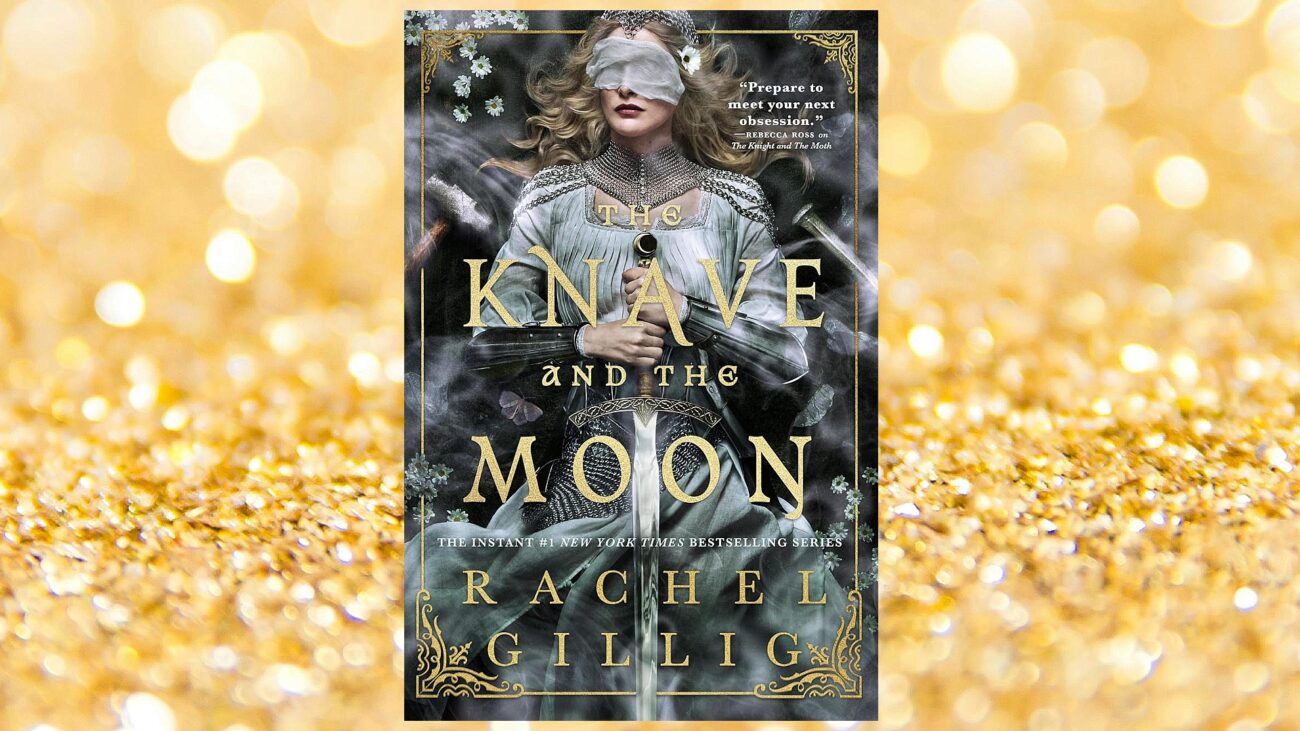 The cover of The Knave and the Moon by Rachel Gillig against a gold, sparkly background
