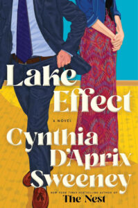The cover of Lake Effect by Cynthia D'Aprix Sweeney featuring a man in a suit and a woman in a red dress