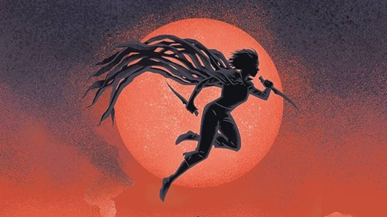 The cropped cover of Mistborn: The Final Empire featuring Vin flying through the air with a knife