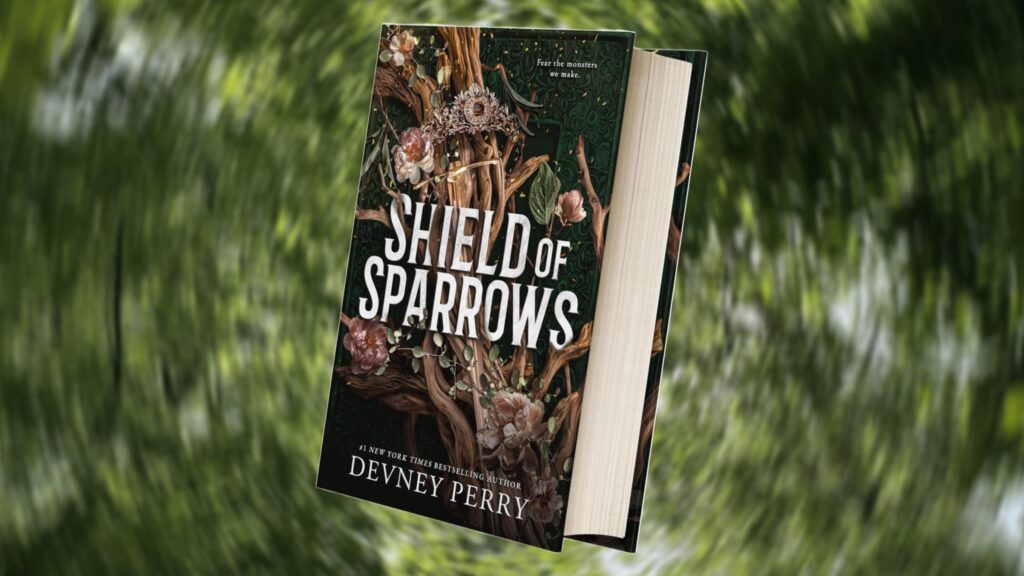 A cutout of Shield of Sparrows against a blurred background of trees