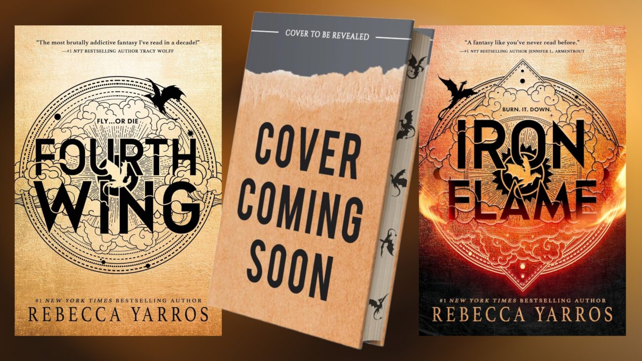 The Untitled Empyrean release placeholder cover with Fourth Wing and Iron Flame on either side of it